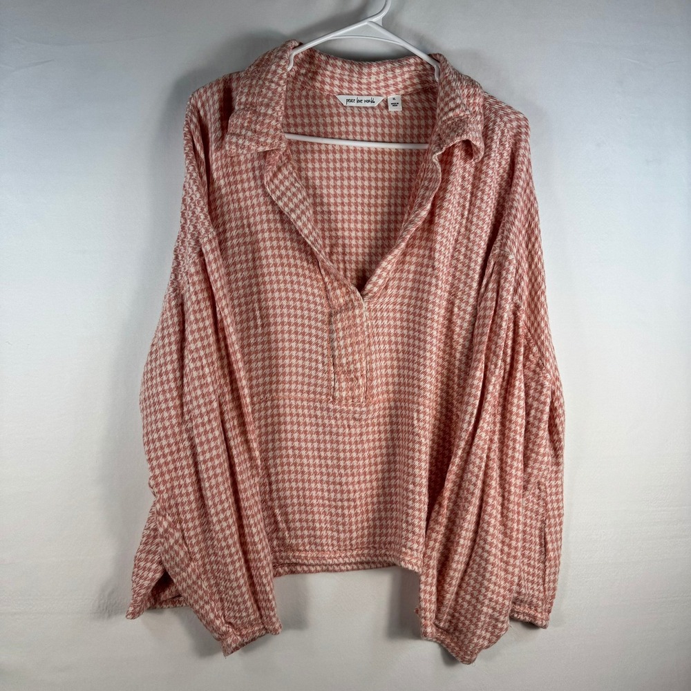 Peace Love World Pink Houndstooth Pullover Blouse XL Long Sleeve V-Neck Top - Picture 3 of 8
